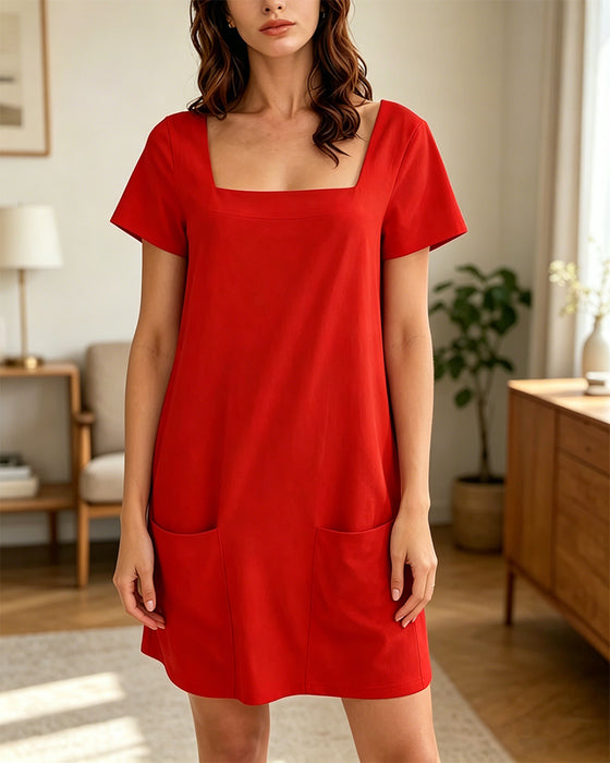 Square Neck Short-Sleeved Pocket Dress
