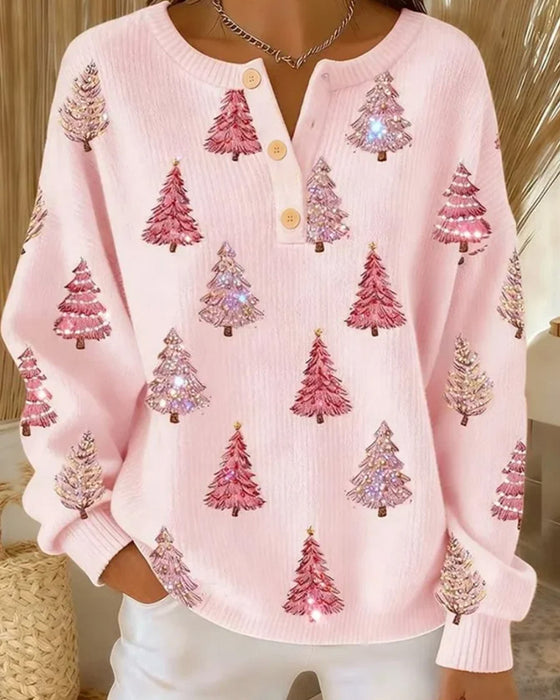 Christmas Tree Print Henley Collar Pullover