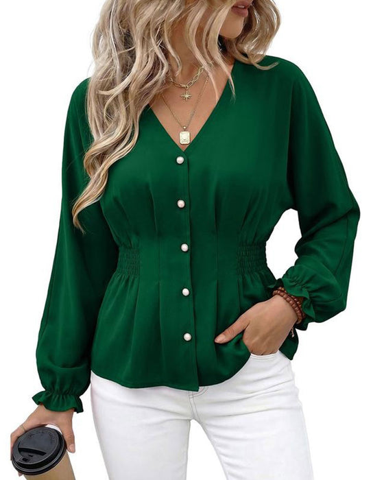 V-Neck Button Pleated Waist Ruffle Blouse