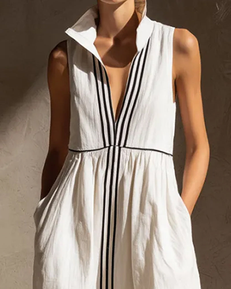Stand Collar Deep V-Neck Sleeveless Dress