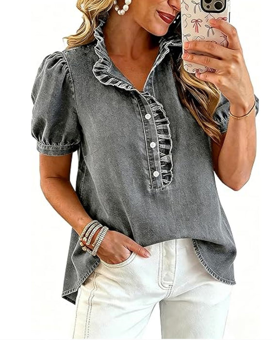Button Up Ruffle Denim Blouse