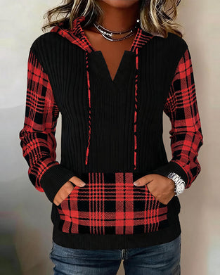 Plaid Patchwork Long-Sleeve Hoodie