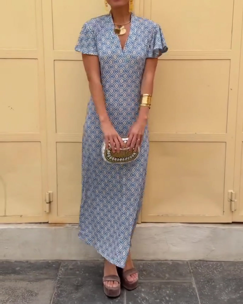 V-Neck Diamond Print Ruffled Sleeve Dress