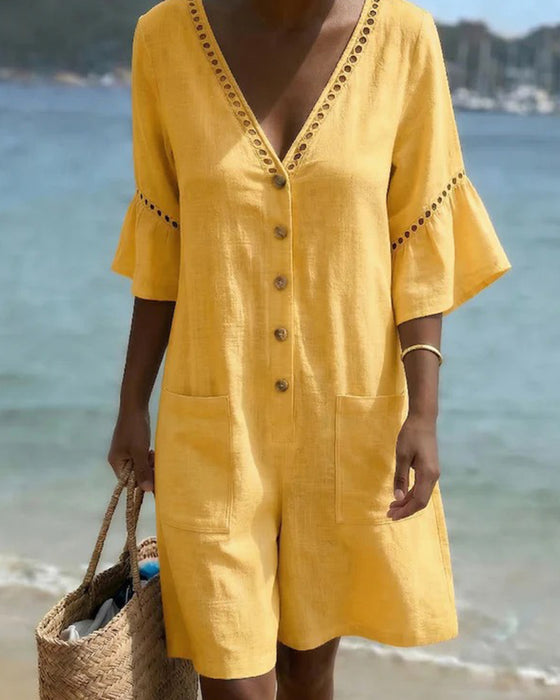 V-Neck Solid Color Hollowed-Out Jumpsuit