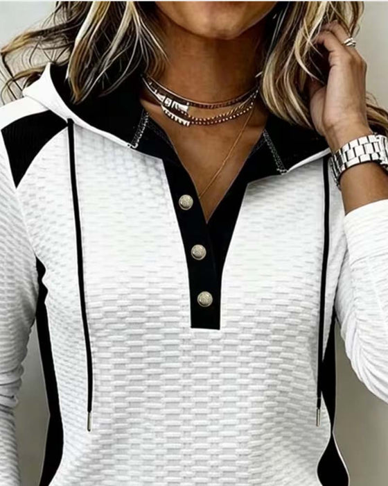 Buttoned Drawstring Color Block Hoodie
