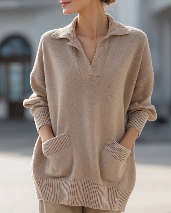 Lapel Pockets Drop Shoulder Sweater