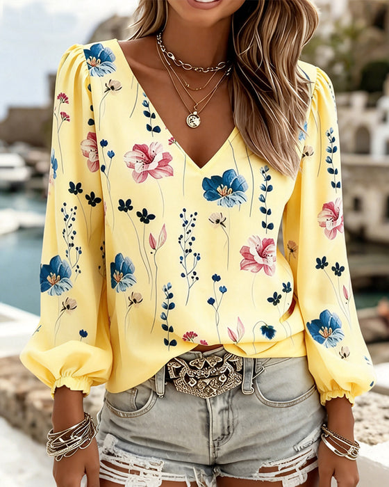 Lantern Sleeve V-Neck Floral Blouse