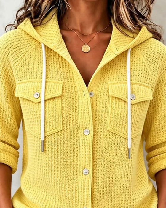 Hooded Waffle Button Pocket Coat
