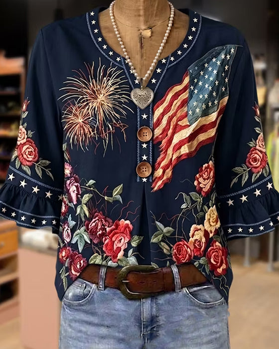 Printed Ruffle Sleeve Blouse