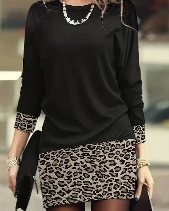 Round Leopard Patchwork Long Sleeve Dress