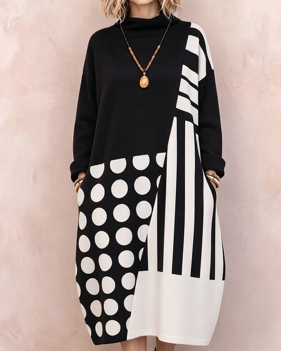 Patchwork Polka Dot Striped High Neck Long-Sleeve Dress