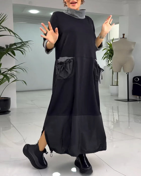 Casual plaid patchwork high collar pocket dress