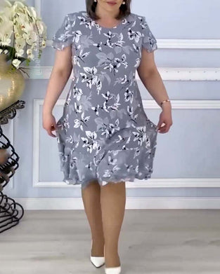 Leaf print short sleeve casual midi dress