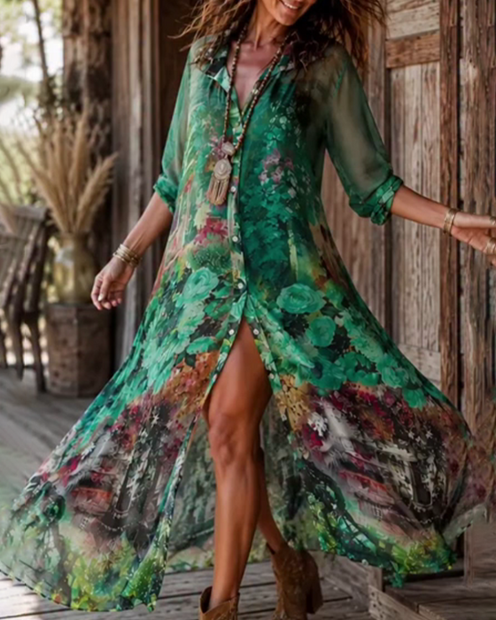 Shirt Collar Slit Floral Dress