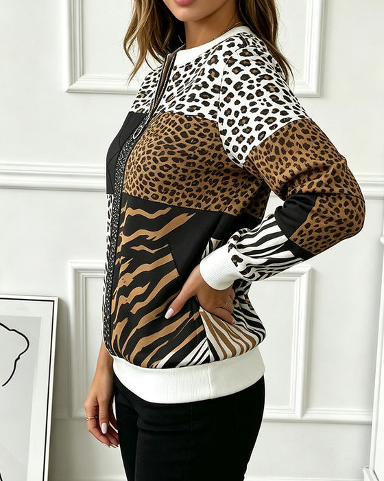 Zipper Leopard Polka Dot Pattern Sweatshirt