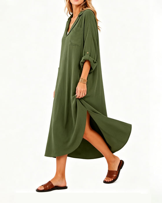 Lapel V-Neck Pocket Slit Dress