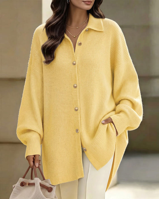 Lapel Button Lantern Sleeve Drop Shoulder Cardigan