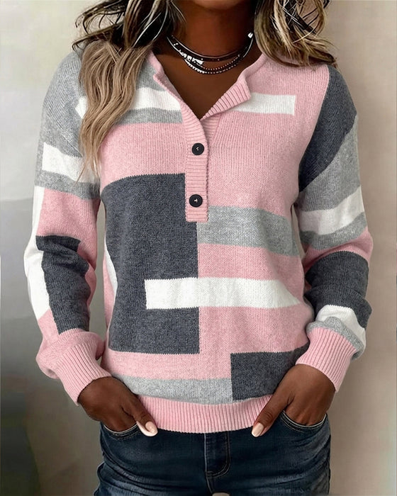 Checkered Button-Front Long-Sleeve Pullover