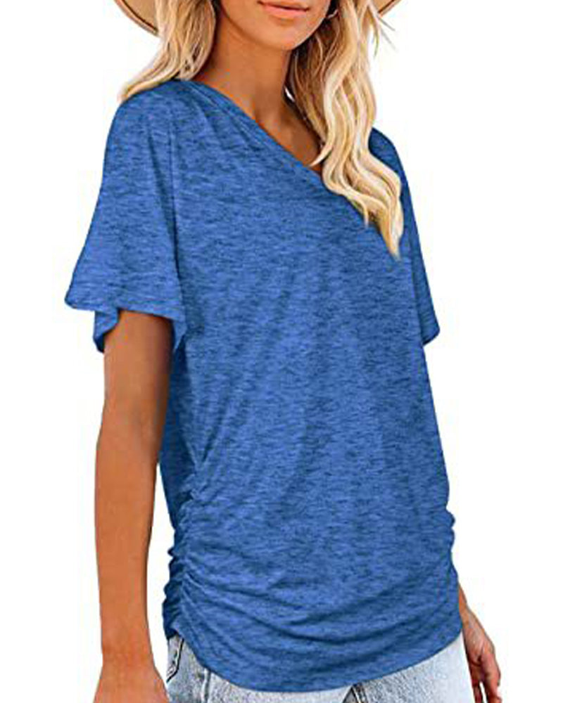 Pleated Solid Color V-Neck T-Shirt