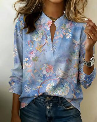 Stand-Up Collar Long-Sleeved Floral Blouse