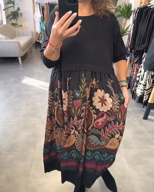 Floral Crew Neck Patchwork Flared Dress