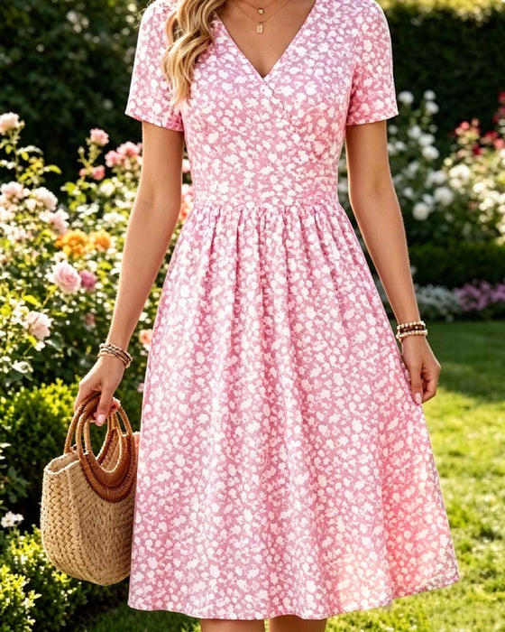 V-Neck Short SleeveTiny Floral Dress