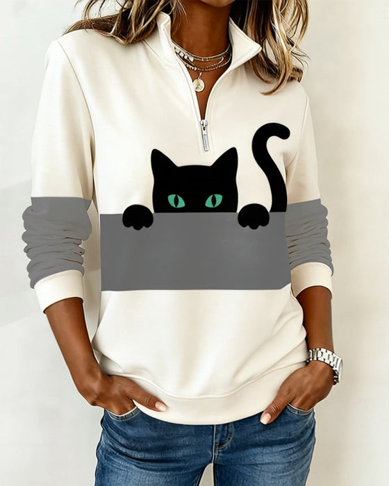 Half-Zip Cat Print Sweatshirt