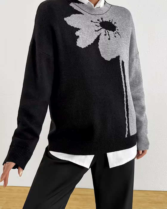 Color-Block Large Floral Jacquard Crewneck Pullover