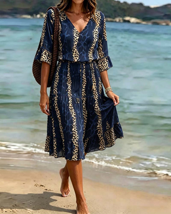 V-Neck Leopard Patchwork Midi Vacation Dress