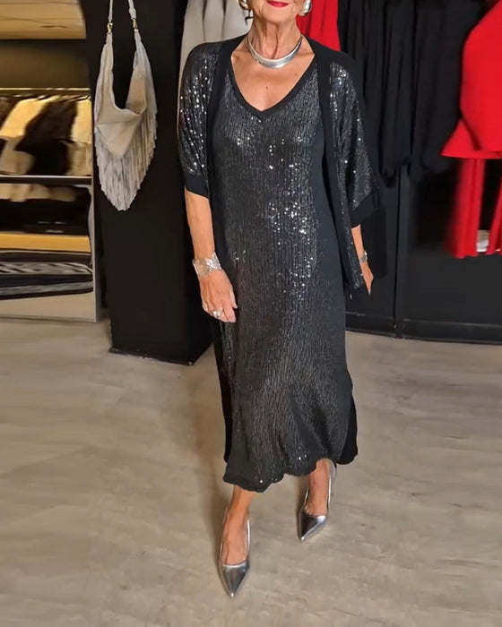 Fashion solid color sequined V-neck slit dress set