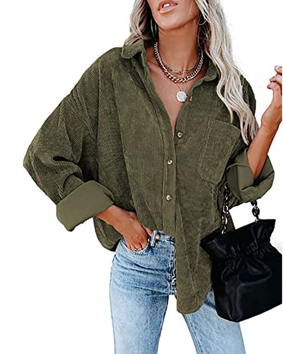 Solid Color Corduroy Pocket Blouse