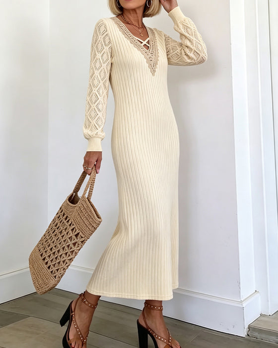 Lace V-Neck Solid Color Dress