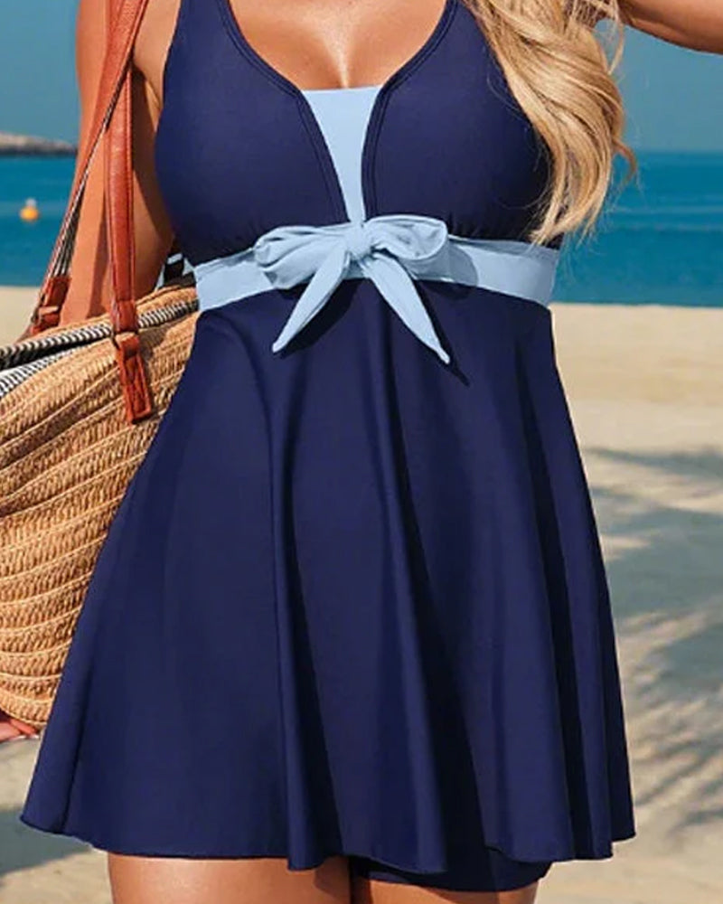 Color-Blocking Bow Skirt Tankini