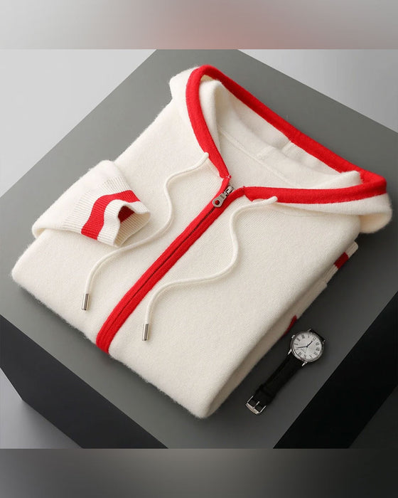 Hooded Full-Zip Contrast Sweater Cardigan
