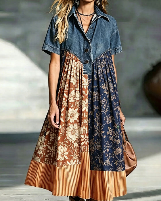 Shirt Collar Floral Contrast Denim Patchwork Dress