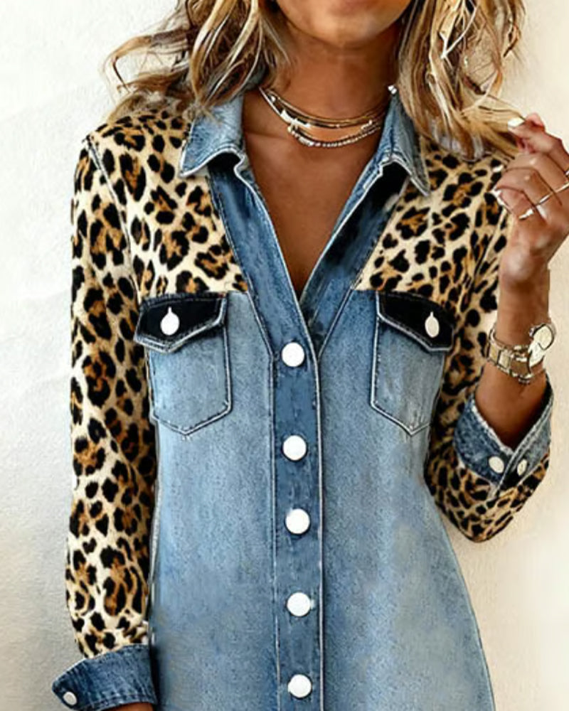 Shirt Collar Leopard Patchwork Dress