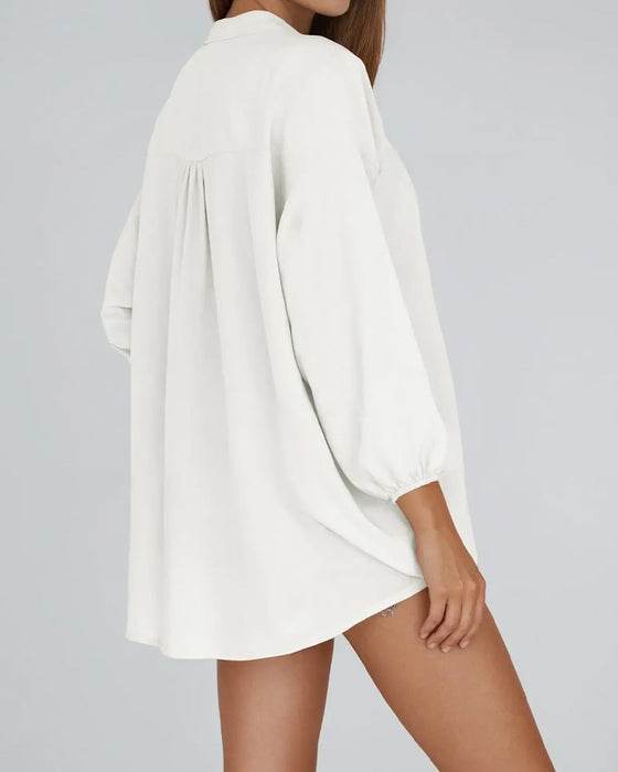 V-Neck Button-Up Puff Sleeve Blouse