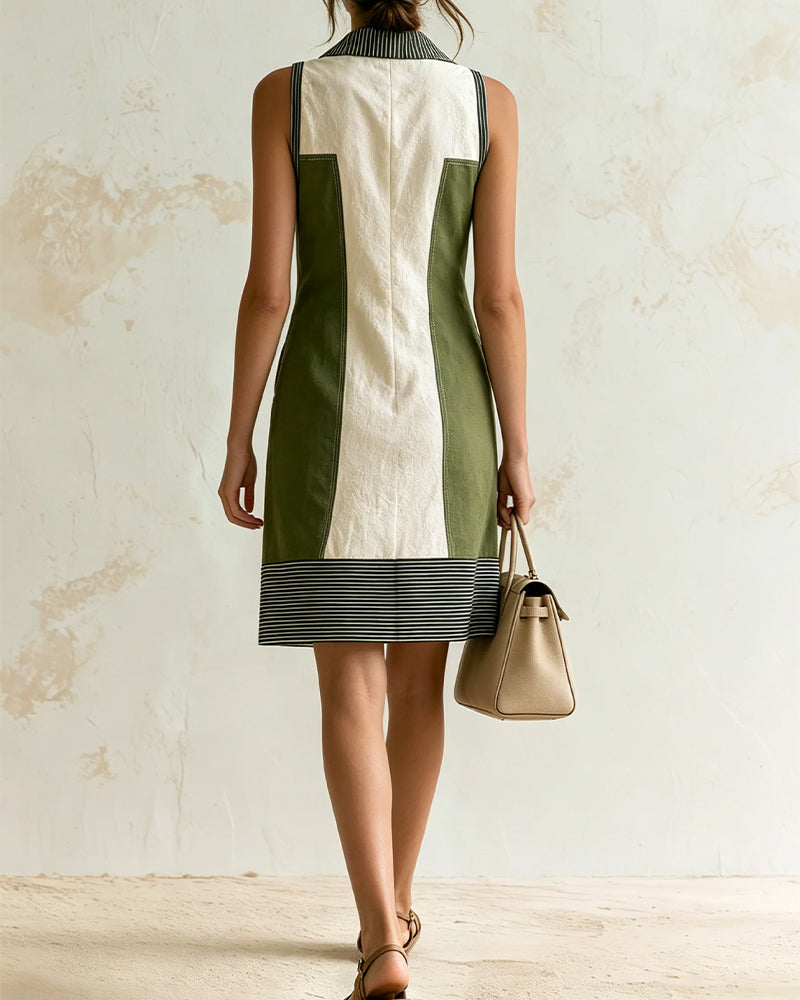 V-Neck Lapel Color Block Striped Sleeveless Dress
