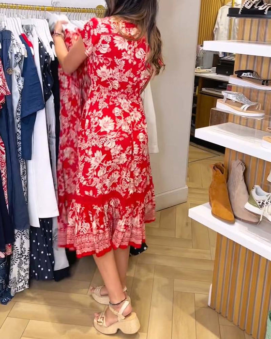 V-Neck Floral Patchwork A-Line Dress