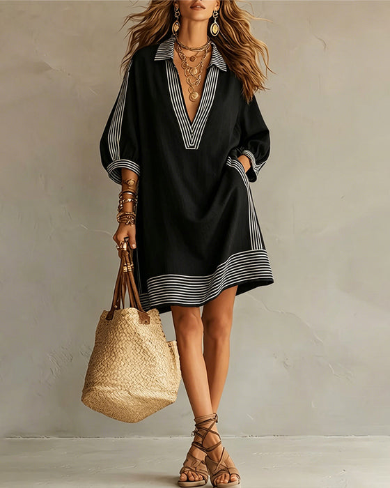 Striped Print Lantern Sleeve V-Lapel Dress