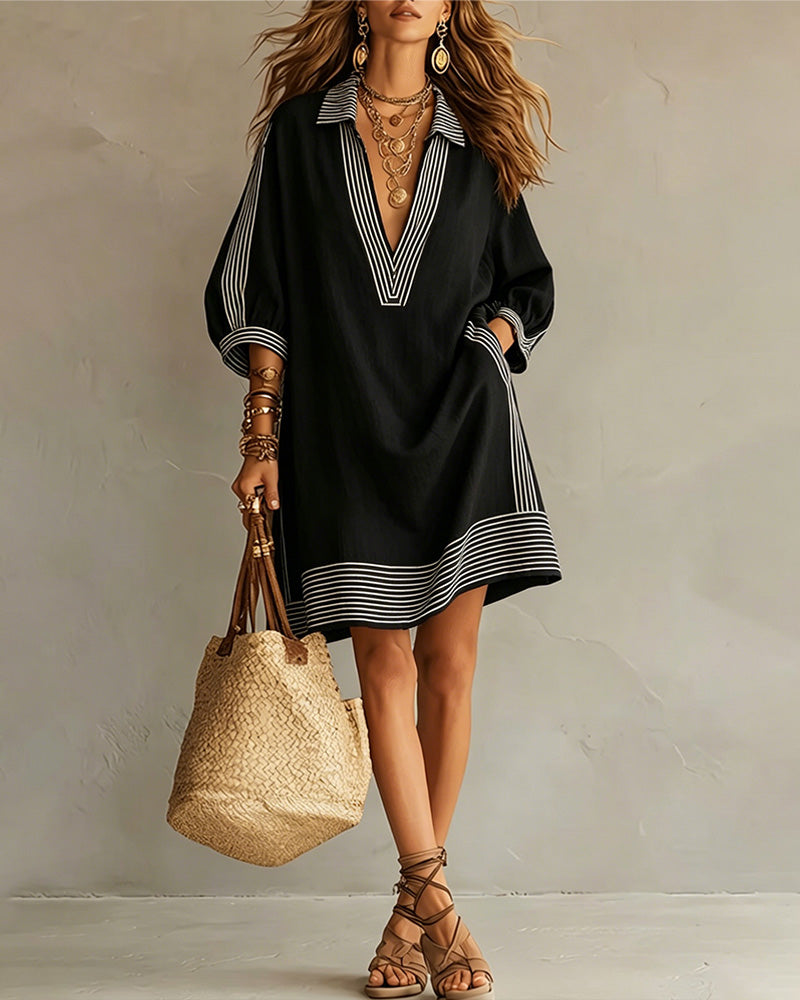 Striped Print Lantern Sleeve V-Lapel Dress