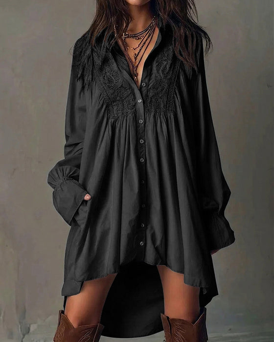Lace-Paneled Lantern-Sleeve Dress