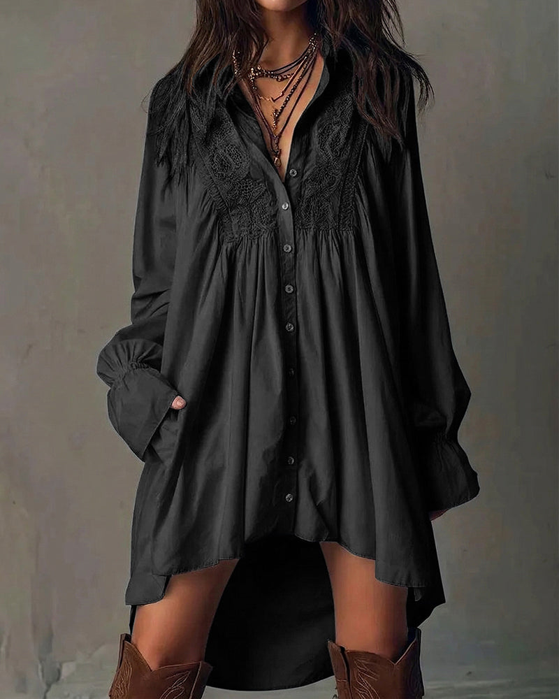 Lace-Paneled Lantern-Sleeve Dress
