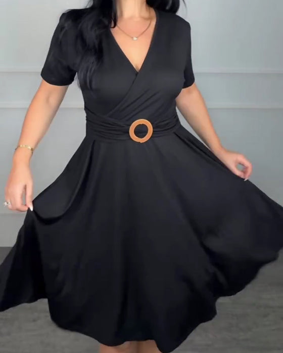 V-Neck Wrap Waist A-Line Dress