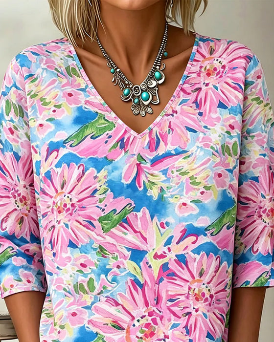 Floral V-Neck Half Sleeve Blouse