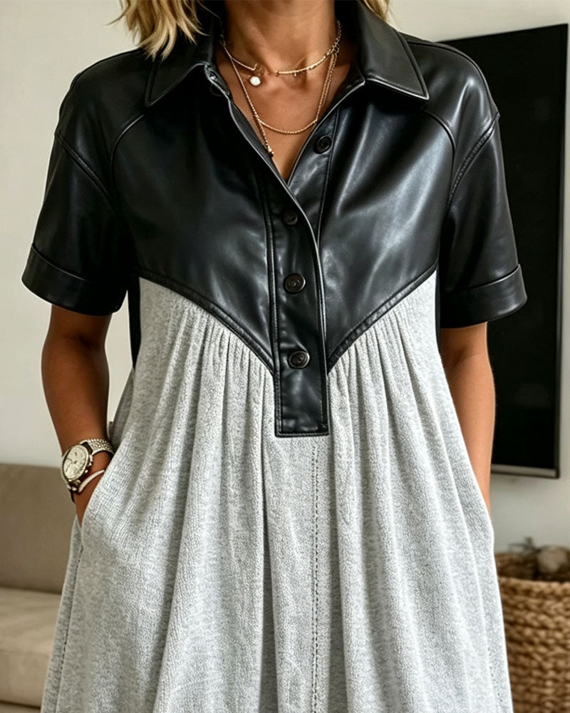PU Leather Patchwork Short Sleeve Shirt Dress