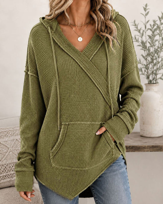 Waffle Drawstring Pocket Hoodie