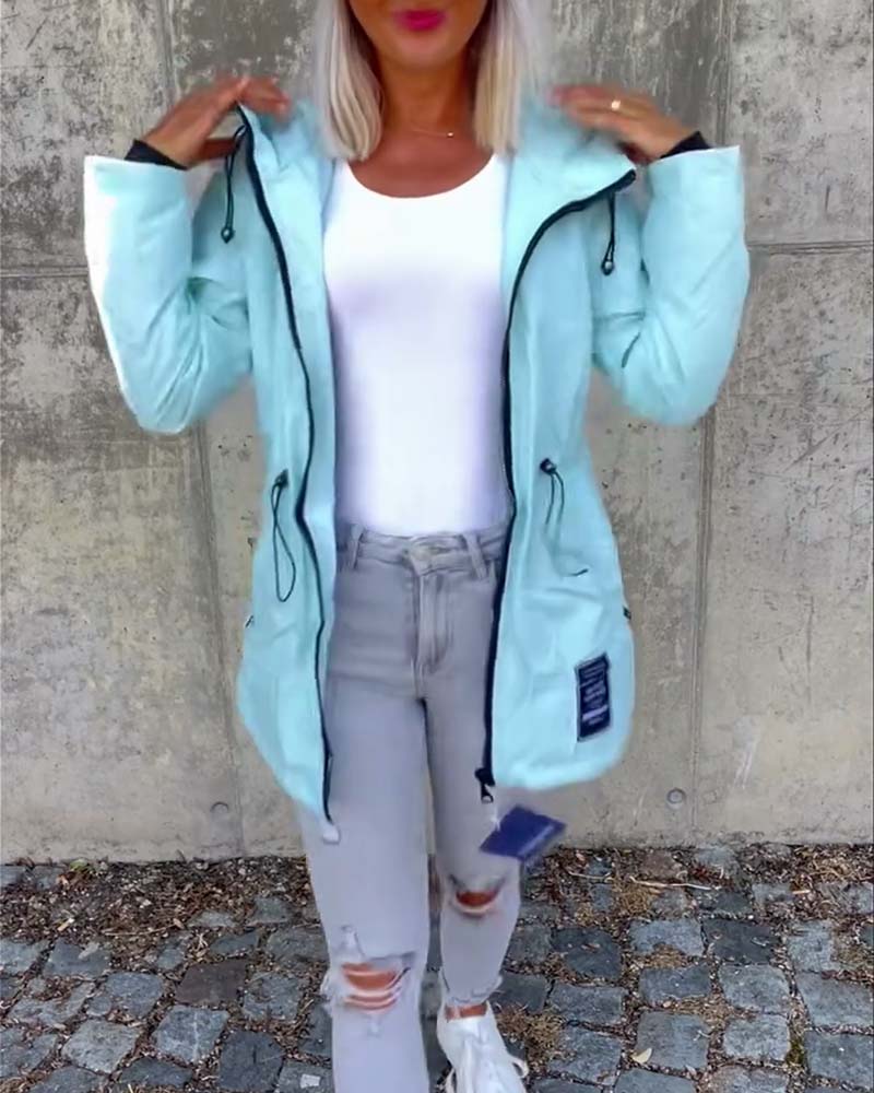 Zipper drawstring solid color coat