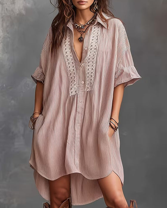 Lapel Stripe Patchwork Loose Dresses