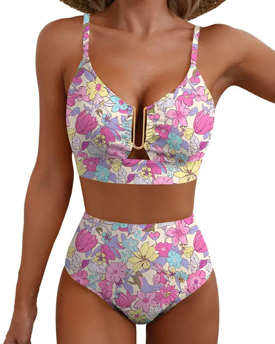 Metal Buckle Checkerboard Bikinis
